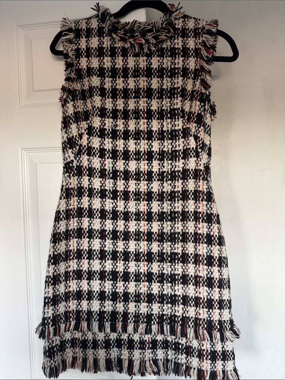 Fringed Tweed Mini Dress - Black & White Check